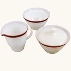 VTG Pyrex Milk Glass Burgandy Gold Stripe Creamer & Sugar + Xtra Bowl 1950-60s