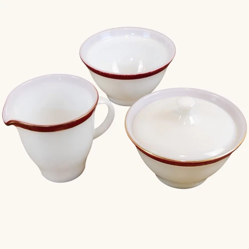 VTG Pyrex Milk Glass Burgandy Gold Stripe Creamer & Sugar + Xtra Bowl 1950-60s