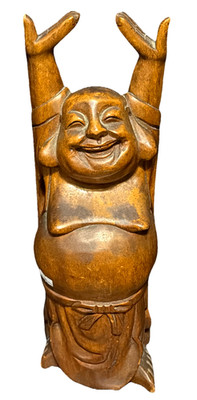 Wooden Carved Laughing Buddha Budai Statue 16 H Arms Raised Happiness Prosperity