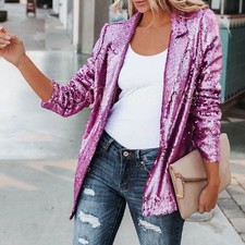 Womens Glitter Sequins Lapel Collar Blazer Jacket Casual Loose Suit Coats Party