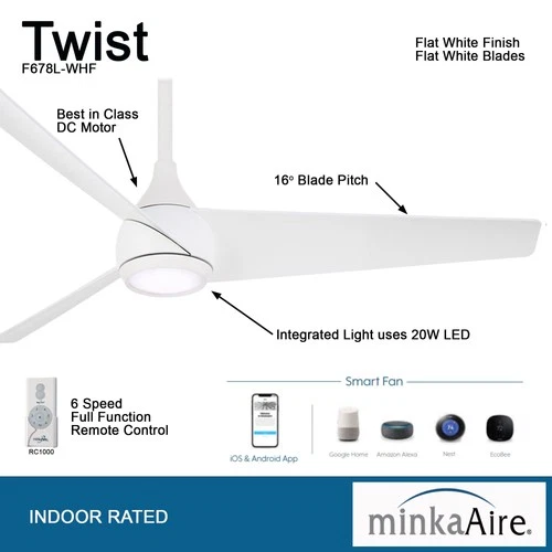 Minka Aire Twist 52" Ceiling Fan - Flat White 3-Blade Remote Control - Picture 5 of 5