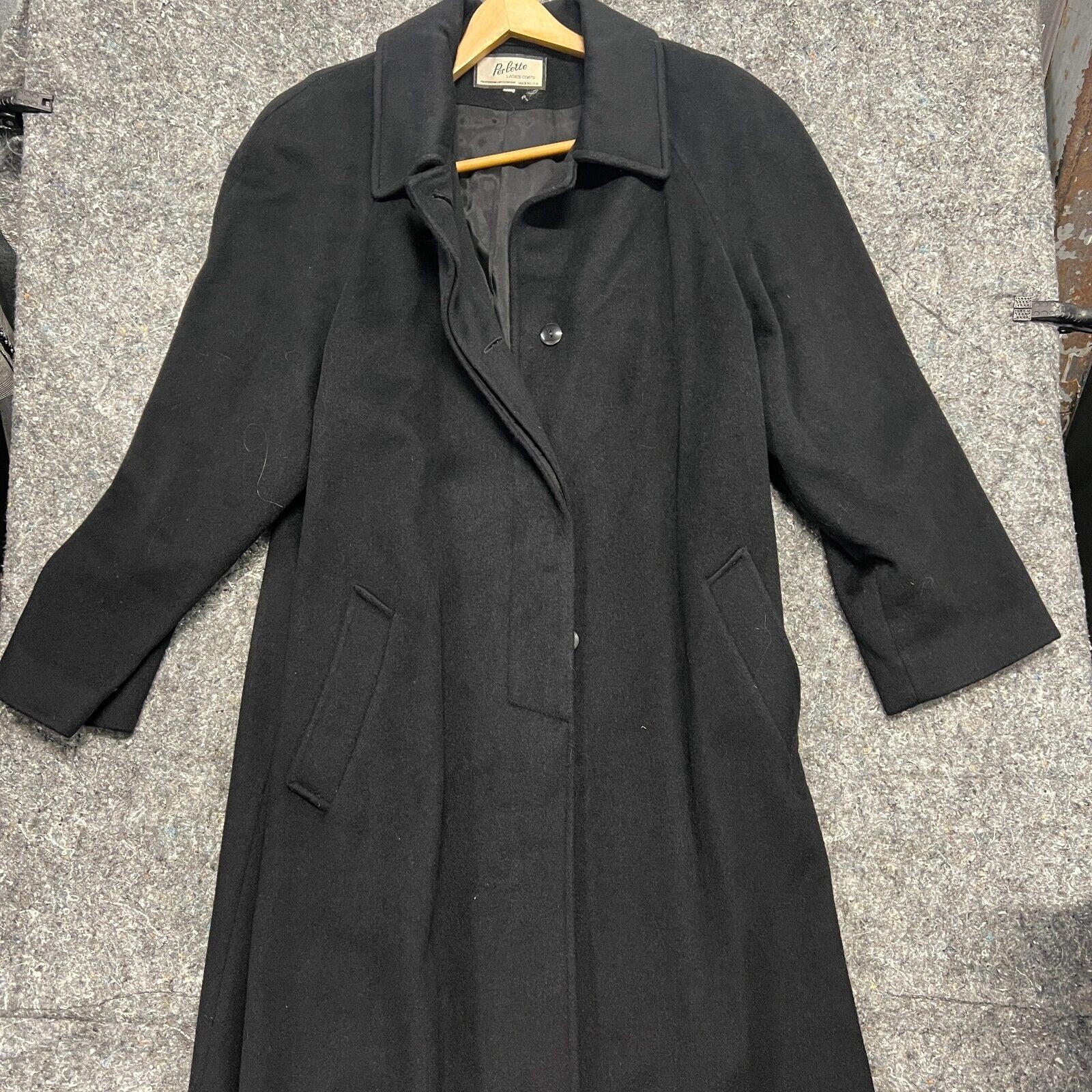 Perlette Wool Over Coat Long Women's M Black Formal Shoulder Padded