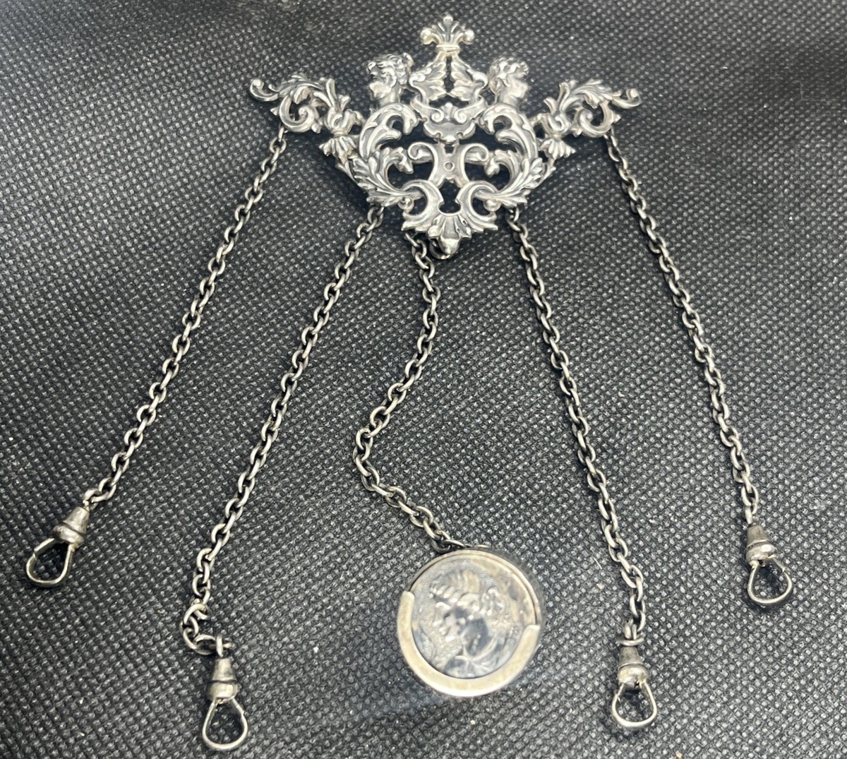 Antique Sterling Silver Chatelaine Brooch Clip W/5 Attachment