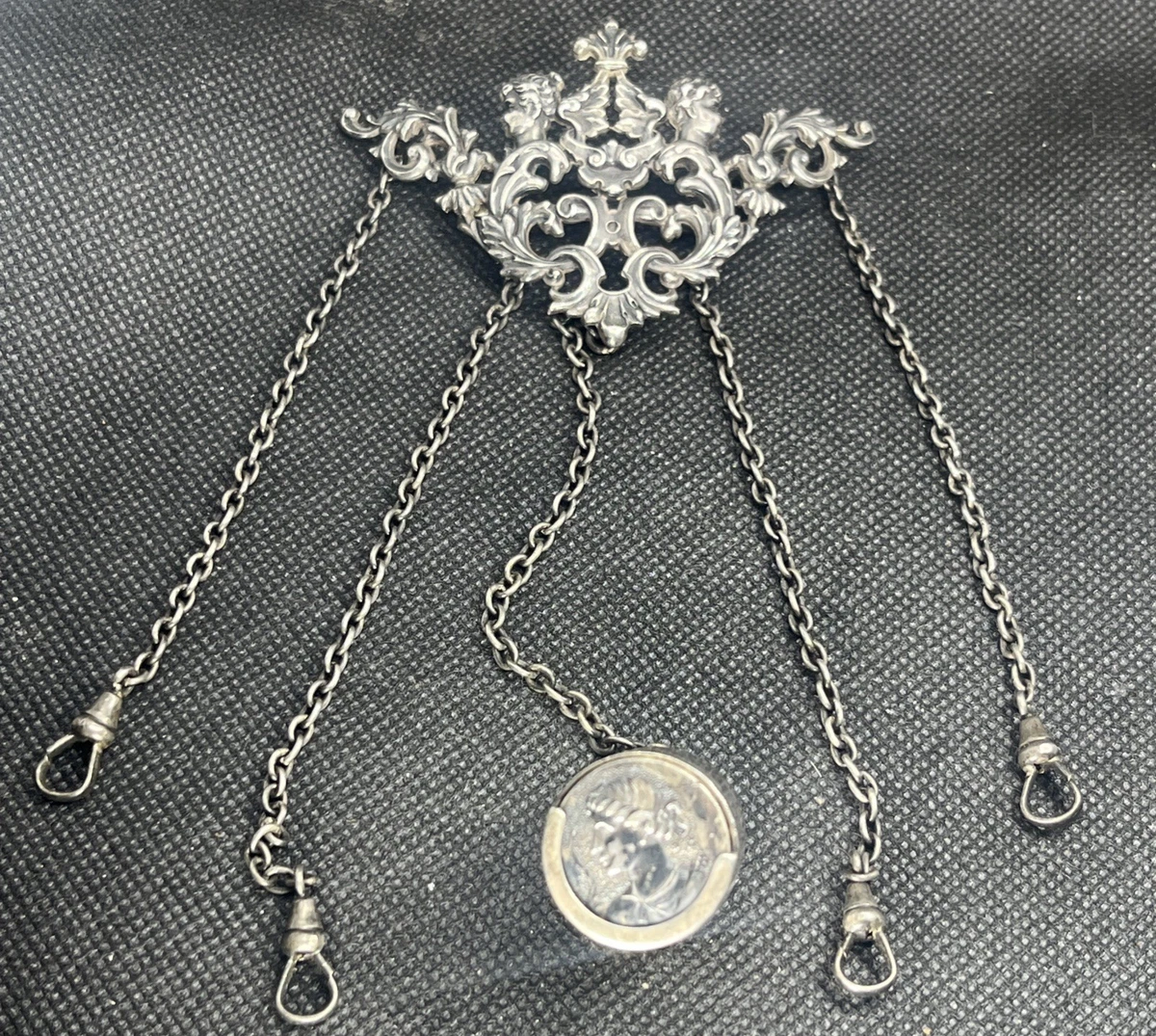 Antique Sterling Silver Chatelaine Brooch Clip W/5 Attachment