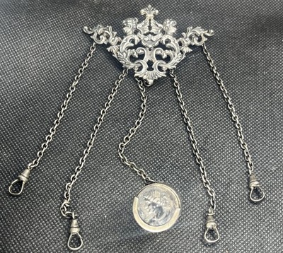 Antique Sterling Silver Chatelaine Brooch Clip W/5 Attachment
