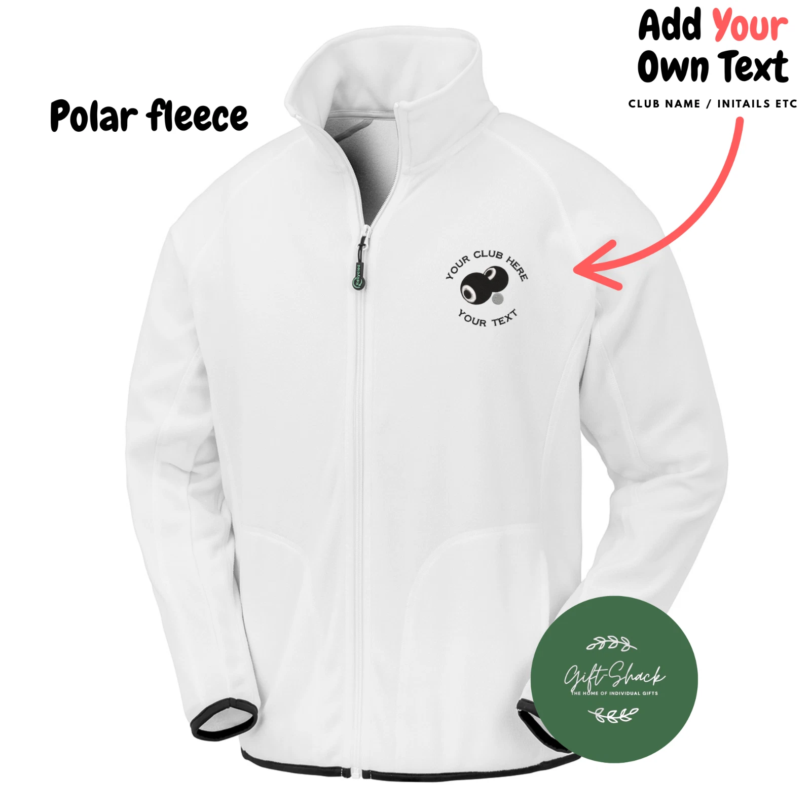 Personalised Lawn Bowls Fleece Jacket – White – Customised Text club name