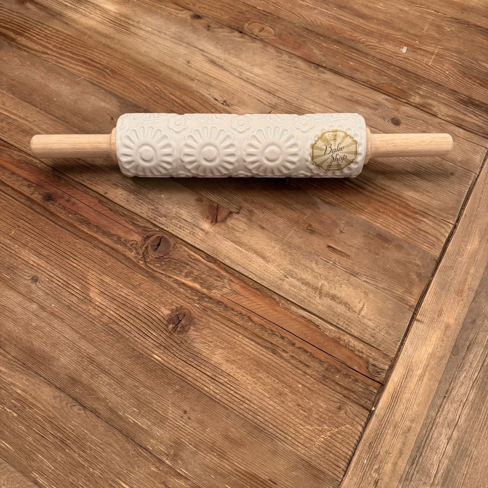 Ciroa Ceramic Textured Floral Pattern Embossed Baking Rolling Pin Wooden Handles