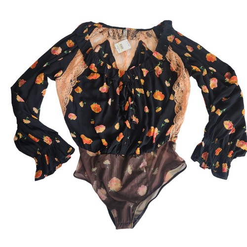 Free People Poppy Printed Bodysuit Black Floral Lace Ruffle Top Sz Medium NEW - Picture 18 of 23