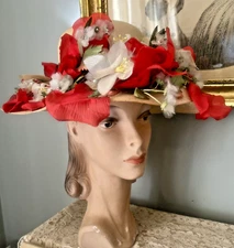VINTAGE 1950's GWENN PENNINGTON EXCLUSIVE STRAW WIDE BRIM HAT FLOWERS DERBY