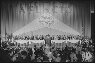 President Jimmy Carter speaking on stage at the AFL-CIO Convention 1979