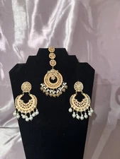 Bollywood Style Gold Plated Indian Jewelry Kundan Mangtika, Jhumka Earrings Set
