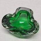 Vtg Murano Art Glass Green Bowl Ashtray Bullicante Controlled Bubbles Rolled Rim