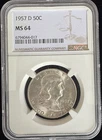 1957-D Franklin Half Dollar NGC MS-64 Brilliant Silver Strong Luster 50C