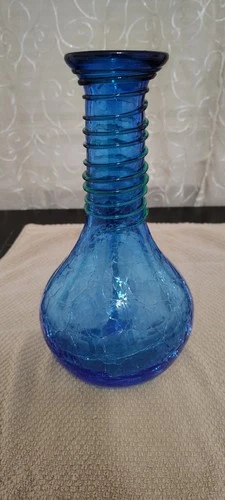 BLENKO Blue And Green Glass Vase Rigaree Applied Spiral Neck 9" Don Shepard