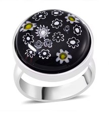 Black Floral Glass Murano Style Sz6 Ring Lux Stainless Steel 316L Milifiore
