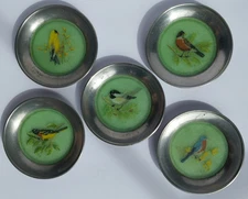 MCM Grace Gilmore Green Fiberglass Painted Bird Coasters Stieff Pewter GG Signed