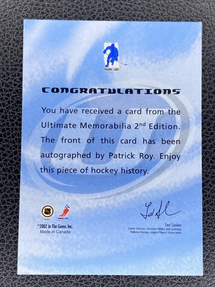 Patrick Roy Auto On Card 2002-03 ITG Ultimate Memorabilia UM-02 AVALANCHE - Image 3 of 3
