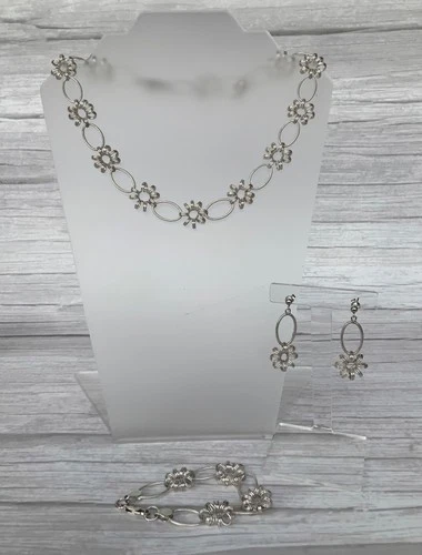 Vintage WJS sterling silver daisy chain flower necklace, bracelet & earrings set