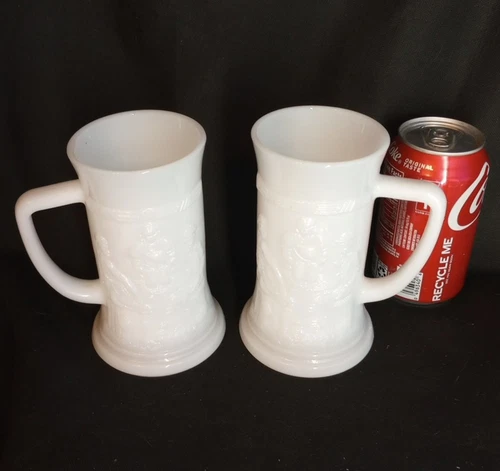 2 Vtg Federal Milk Glass White German 6" Tall Steins Mugs Tankards Tavern Scene