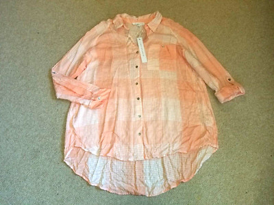 NWT Womens Top-JANE + DELANCEY-peach/white plaid hi-lo gauzy button-up ls-L