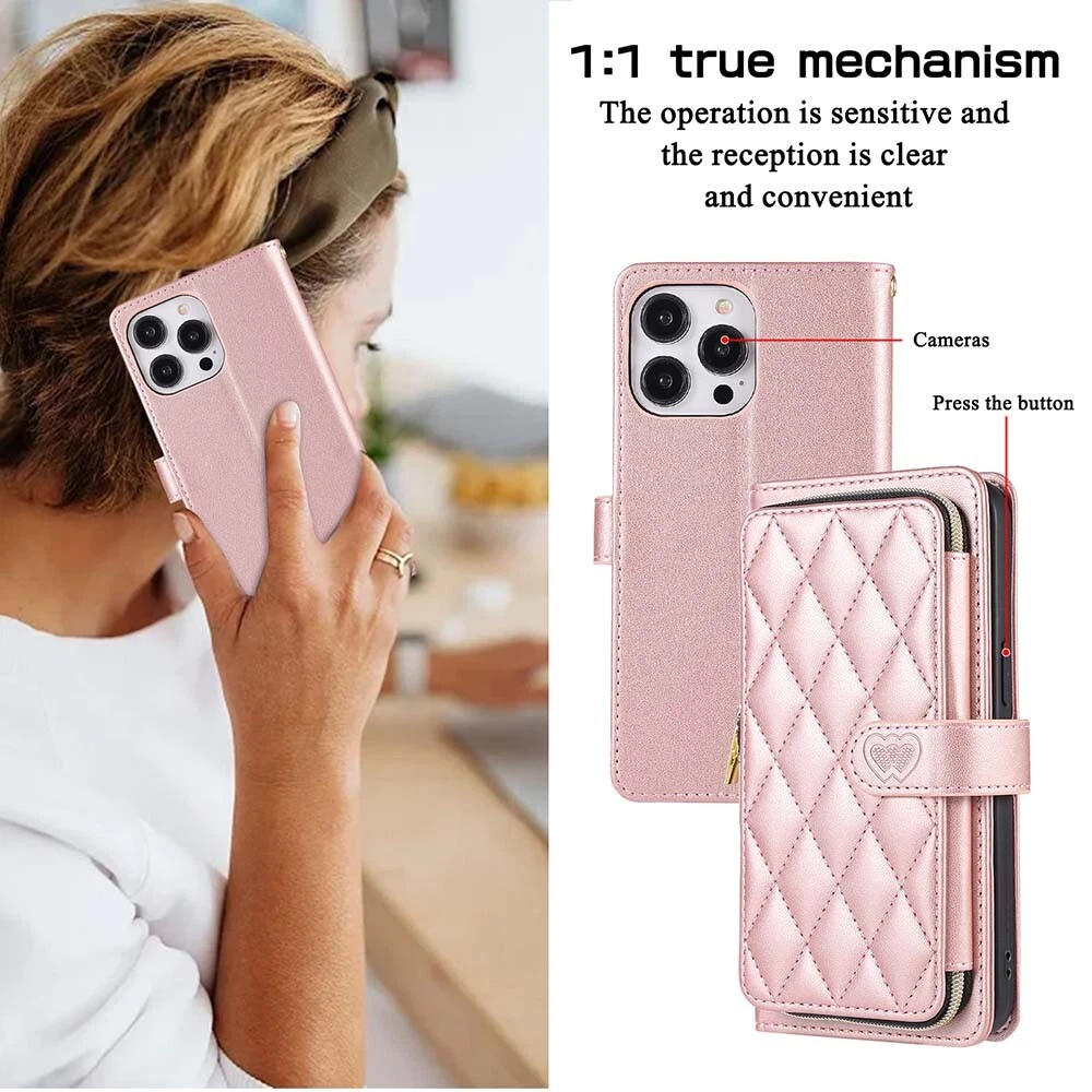Durable Leather Zipper Flip Wallet Case for iPhone 15 Pro Max 14 13 12 11 XR