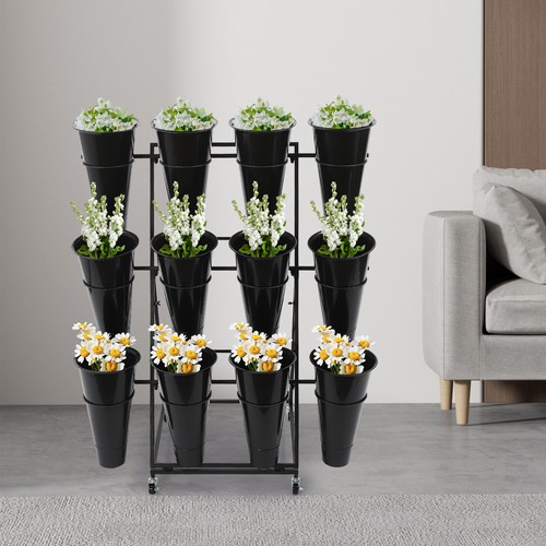 3 Layers Metal Flower Display Stand with 12 Buckets Moving Florist Bouquet Shelf