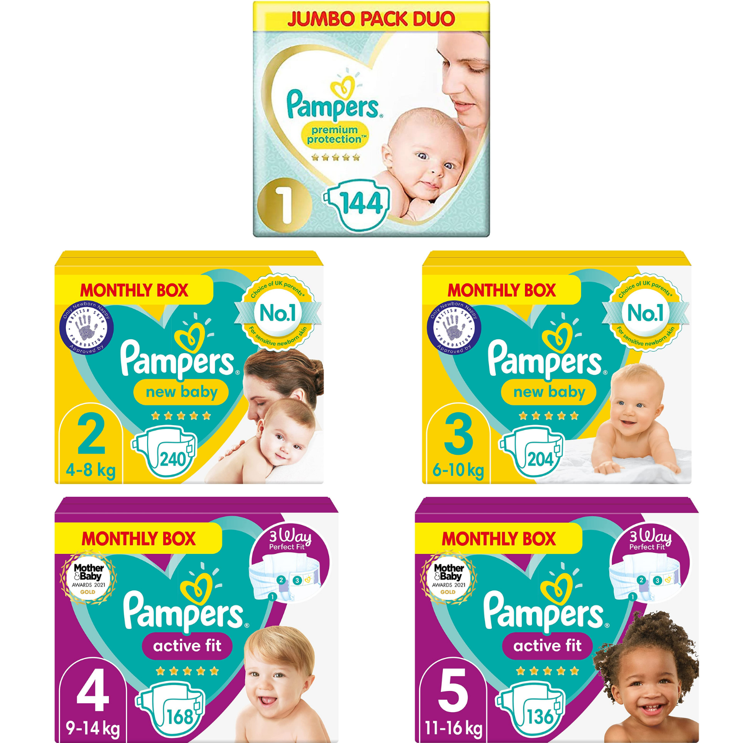 Pampers new baby and activ fit Nappies Size 0 5, Monthly Pack, Choose