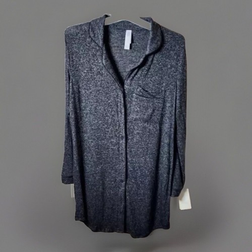 2X New Silky Soft Women Dark Gray Button up Long Sleeve Pajama Nightgown Pocket