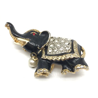 Vintage Gold Tone Black Enamel Elephant Red Eyed Clear Rhinestone Brooch Pin
