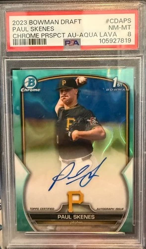 2023 Bowman Draft Paul Skenes 1st Chrome Prospect Aqua Lava Auto 191/199 PSA 8