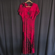 Vtg Carole Little Dresses Red/Black Abstract Rayon MIDI Dress W/ Brooch Size 8