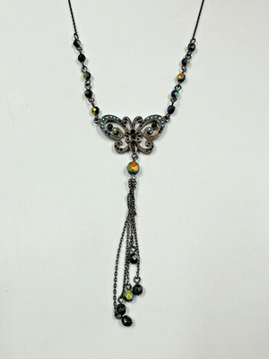 Vicky Jousan Butterfly Statement Necklace Black Iridescent Crystal Chain Fringe