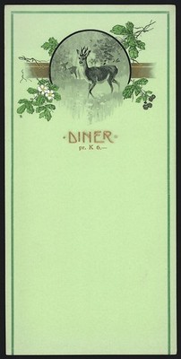Menükarte Blanko, Diner pr. K 6, Grafik Hochwild auf einer Waldlichtung und flo 