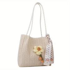 Womens Straw Style Woven Tote Bag Floral Larg...