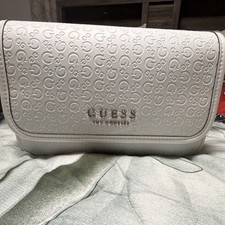 GUESS Logo Embossed Shoulder Bag White Designer Silver Hardware Matte