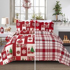Christmas Bedspread Quilt Sets King Size - Reversible Christmas Tree Snowflak...