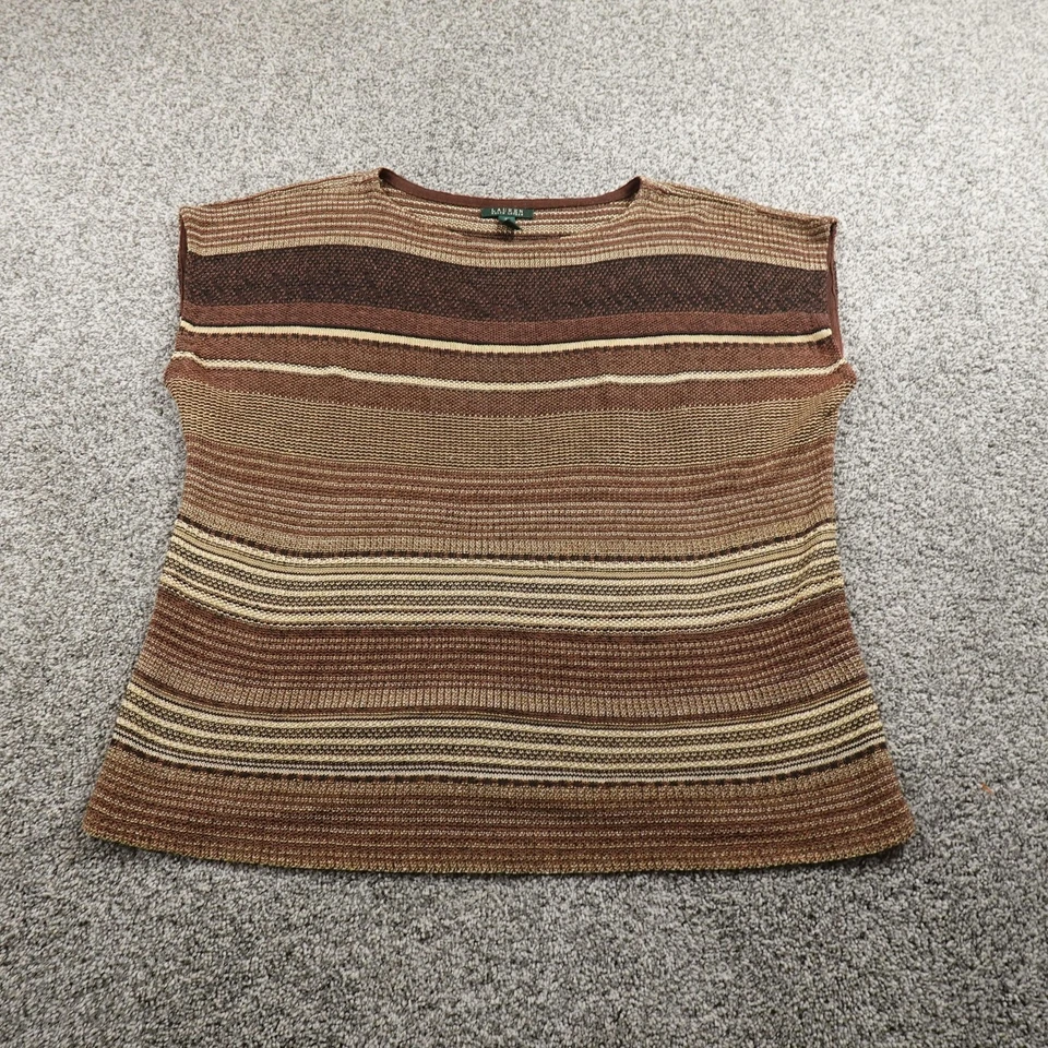 Suéter Ralph Lauren Para Mujer 2X Marrón Rayas Lino Tejido Pullover Cuello Redondo Top Foto 2 de 4