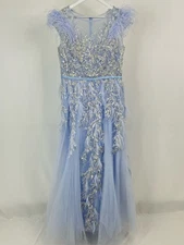 MAC DUGGAL Formal Gown Tulle Feather Bead Seqin Stmnt Sz 12 Ice Blue Women Dress