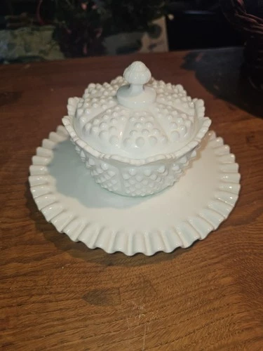 Vintage Fenton White Hobnail Milk Glass Round Lid Covered Candy Dish And Plate