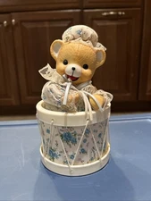 VTG PORCELAIN TEDDY BEAR/BLUE DANCES IN DRUM MUSIC BOX “It’s A Small World”