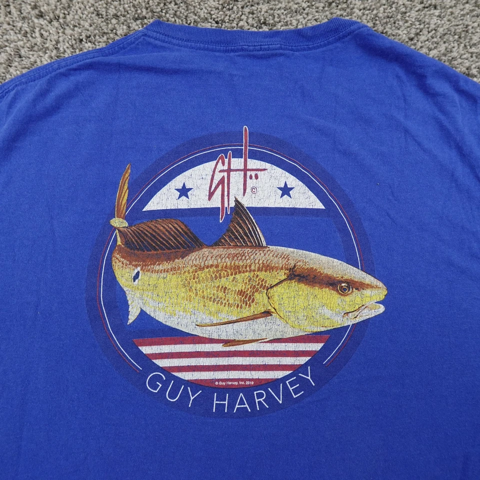 Camisa Guy Harvey Para Hombres Grande Azul Gráfico Pez Rojo Tambor Calce Clásico Camiseta de Pesca Foto 2 de 4
