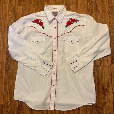 Ely Diamond Shirt Mens L White Rodeo Rose Western Pearl Snap Floral Embroidered