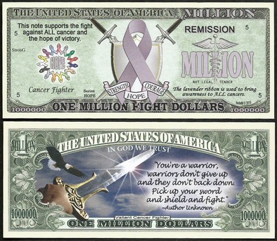 Lot of 100 BILLS - Fight ALL Cancer Lavender Ribbon Million Dollar Bill 