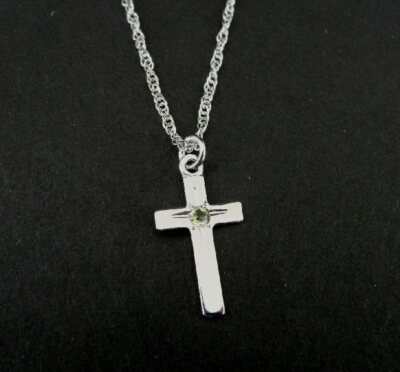 Necklace Sterling Cross with Green Stone Silver 925 Petite Pendant Chain 14'' 