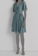 $165 Lauren Ralph Lauren Women's Blue V-Neck Flutter-Sleeve A-Line Dress Size 10