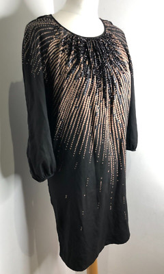 Rutzou beaded pattern silk sheath dress 36 8 10 VGC party black LBD event