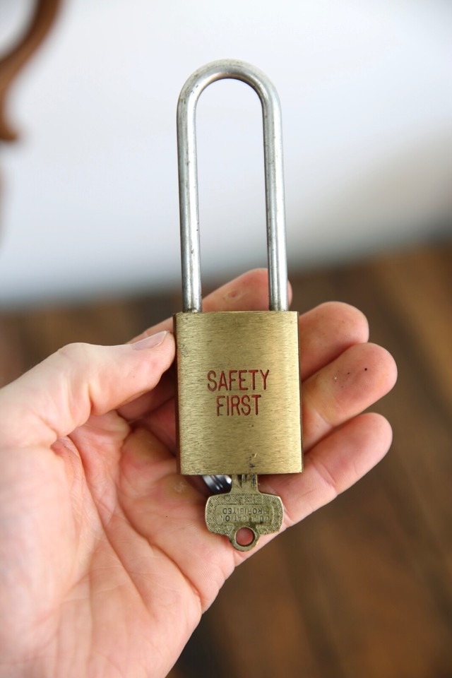 Vintage BEST Brass Padlock Safety First Antique lock w/ key old tool ...
