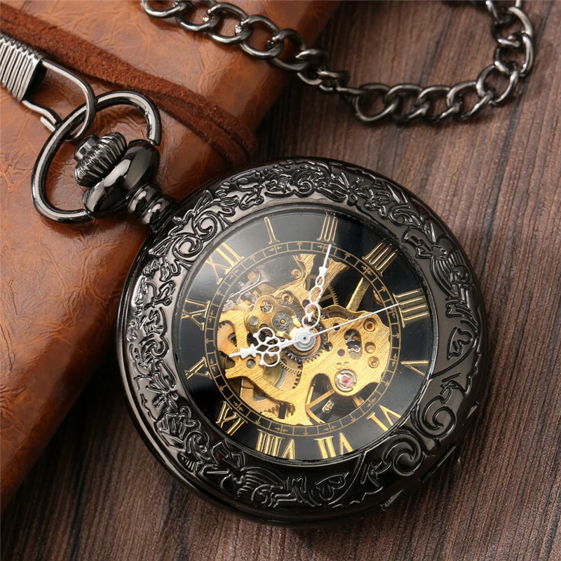 Steampunk Black Men s Handwind Mechanical Pocket Watch FOB Pendant Chain Gift