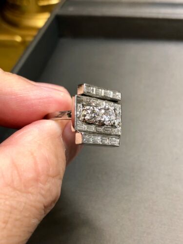Vintage 1950’s Platinum Baguette Round Diamond Flat Angular Cocktail Ring - Picture 8 of 10