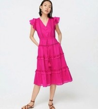 EUC J Crew Point Sur Pom Pom Flutter Sleeve Midi Dress Size 10 Flamingo Pink
